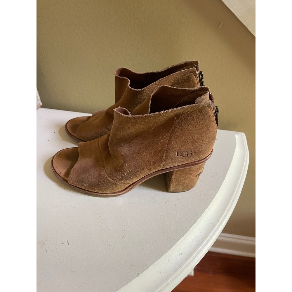 UGG Ginger Brown Suede Peep Toe Ankle Booties Block Heel Size 10 - Picture 2 of 8